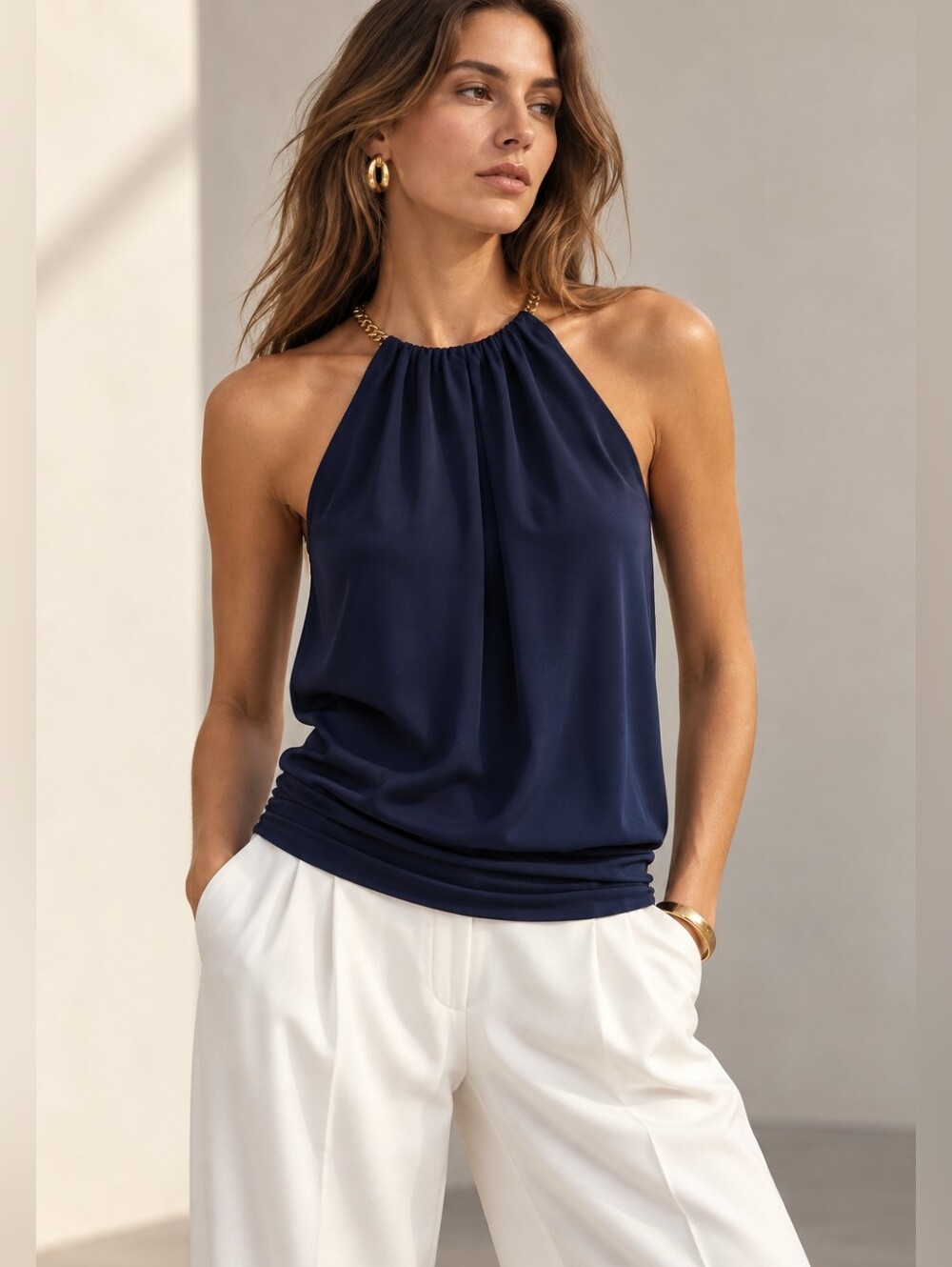 LILLY PULITZER Bowen Halter Tank Top Chain Strap Ruched True Navy Blue XS